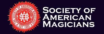 A red and white logo for the society of american magicians.