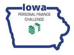 A blue and white logo with the words iowa personal finance challenge.