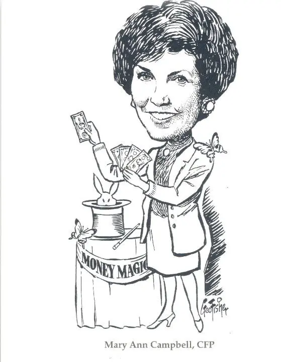 A caricature of a woman holding money and standing next to a jar.